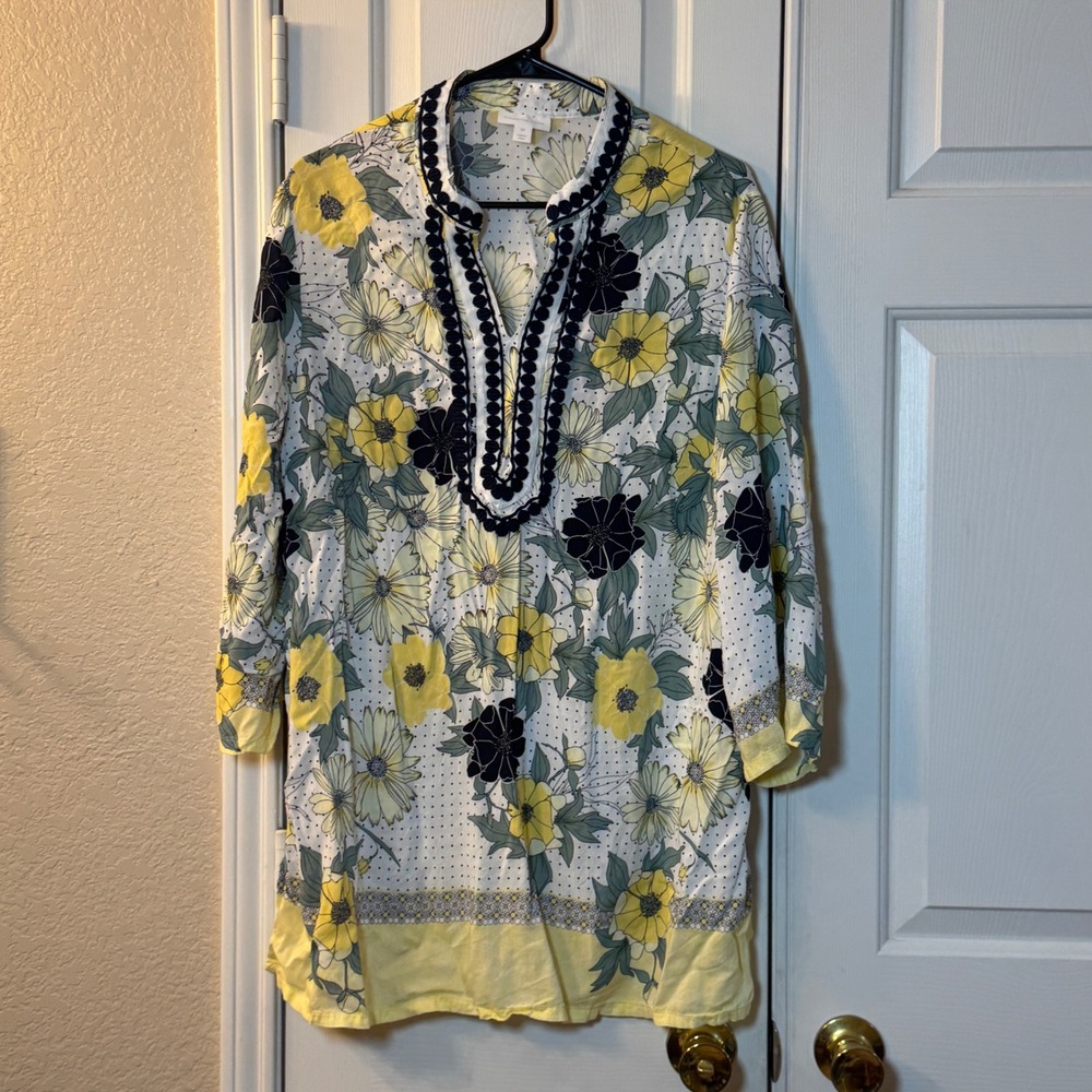 Charter Club Yellow & White Floral Tunic, 3/4 Sleeves V-Neck Black Accents Sz 2X